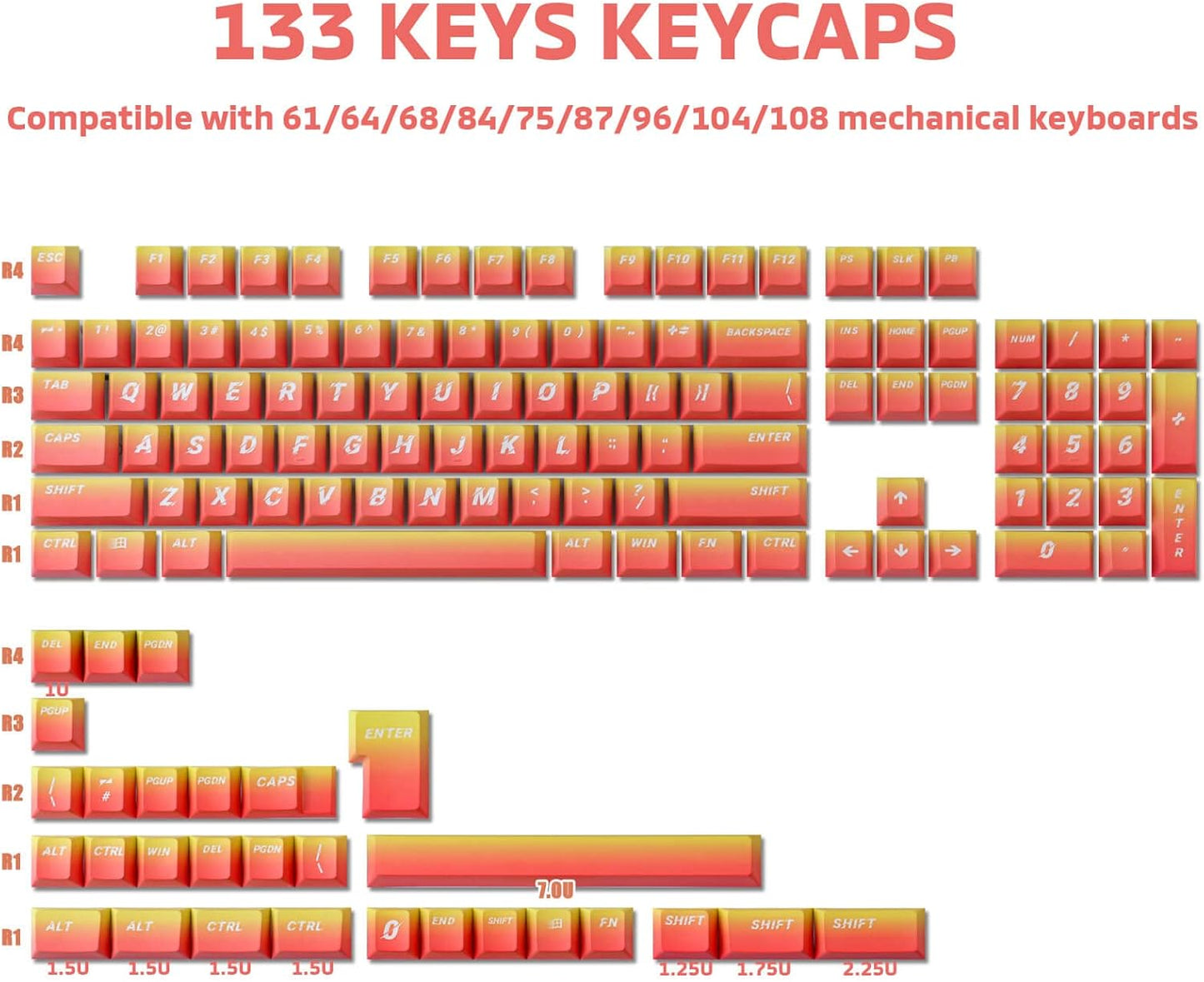 Hyekit PBT Keycaps 133 Keys Flame Gradient Cherry Profile Dye-Sublimation Custom Set With 6.25U 7U Spacebar for Cherry Gateron MX Switches Mechanical Keyboard US/UK Layouts