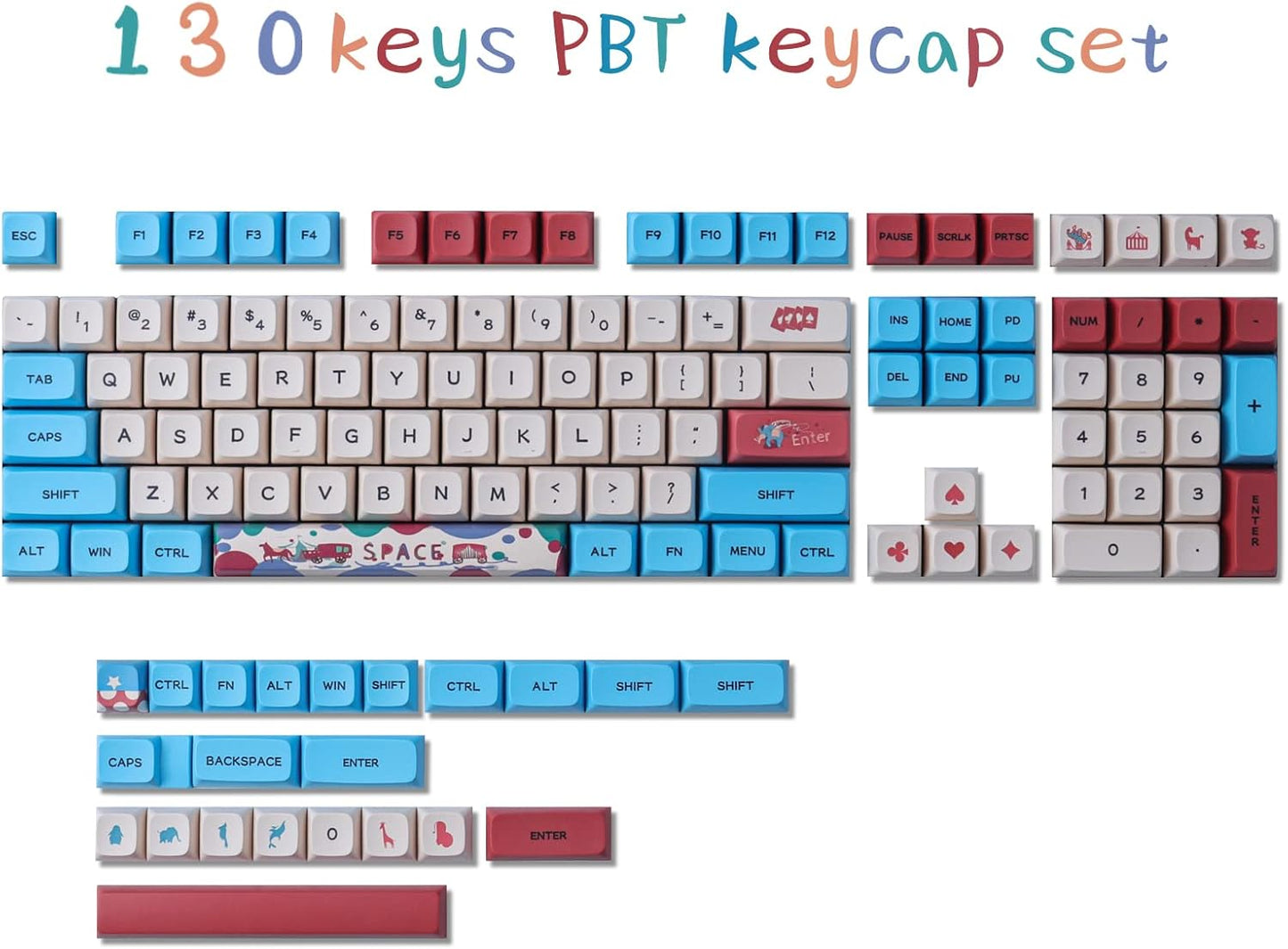 Hyekit PBT Keycaps 130 Keys Circus Keycaps Dye-Sublimation Cute Keycaps XDA Profile Custom Keycaps for Cherry Gateron MX Switches Mechanical Keyboards